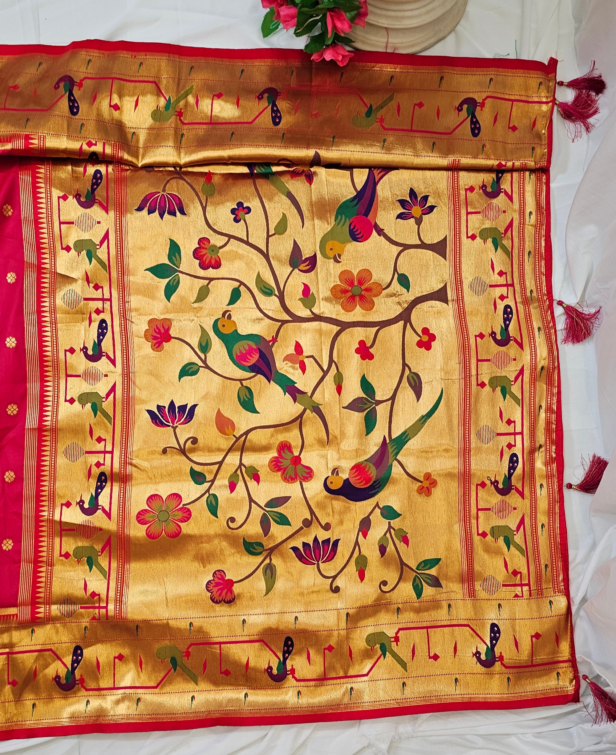 Rani Pink Semi-Silk Paithani Saree with Copper Zari Peacock & Parrot Border and Pallu  Wedding & Festive Wear
