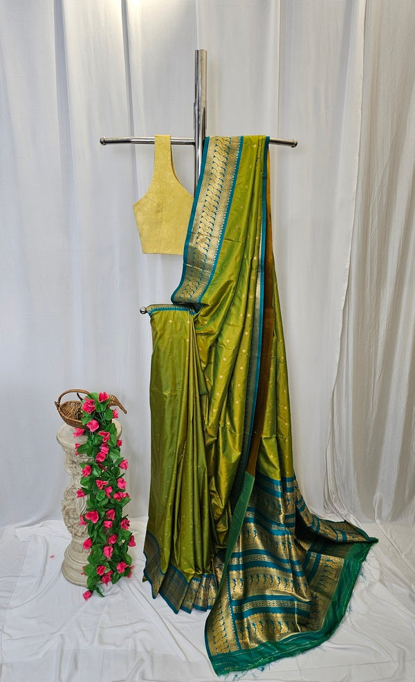 Parrot Green Gadhwal Soft Silk Saree with Gold Zari Peacock Border & Rich Pallu