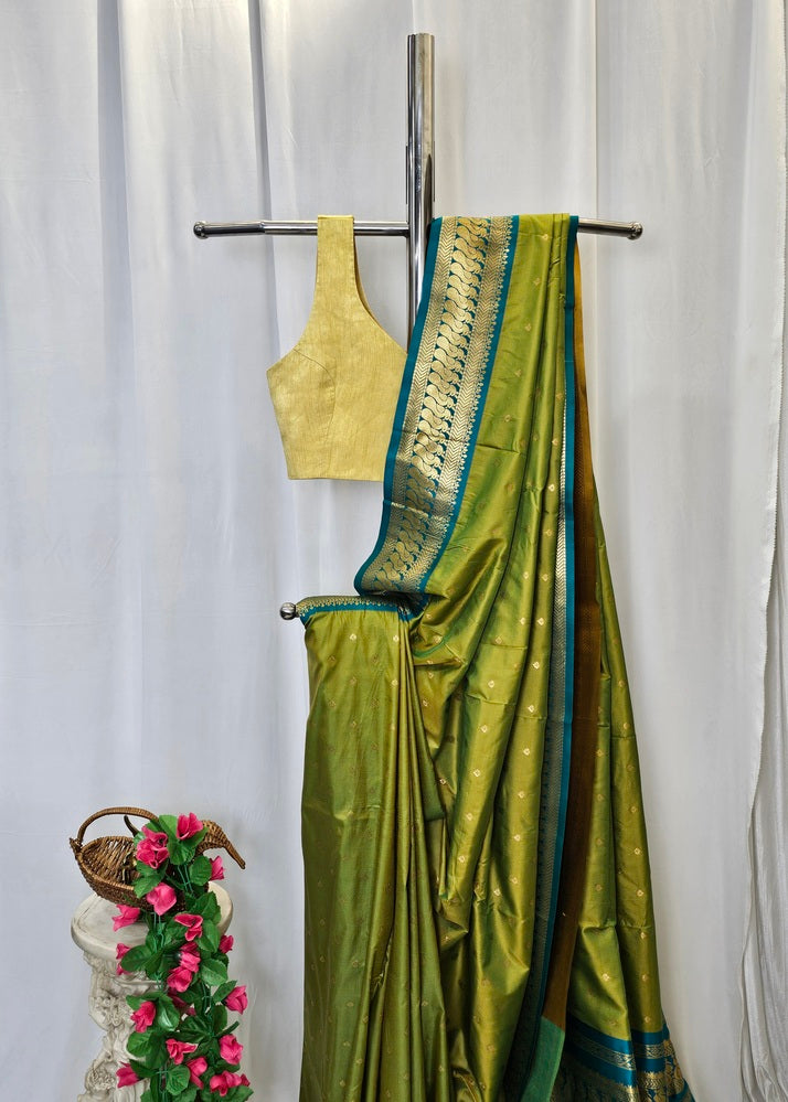 Parrot Green Gadhwal Soft Silk Saree with Gold Zari Peacock Border & Rich Pallu