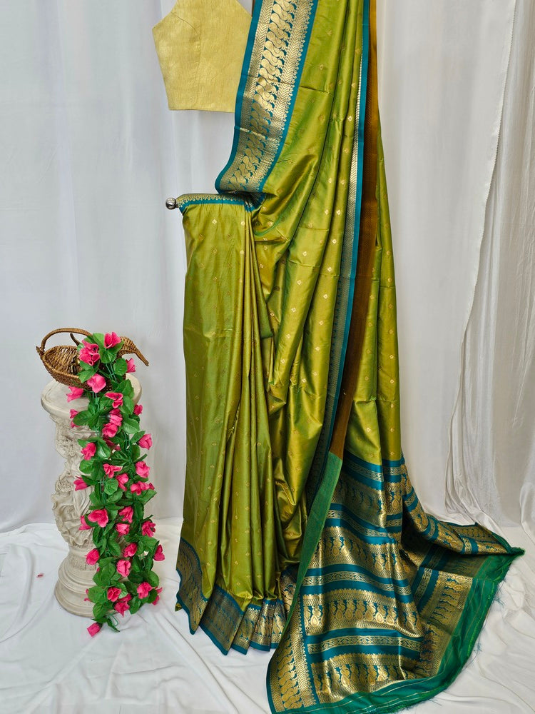 Parrot Green Gadhwal Soft Silk Saree with Gold Zari Peacock Border & Rich Pallu