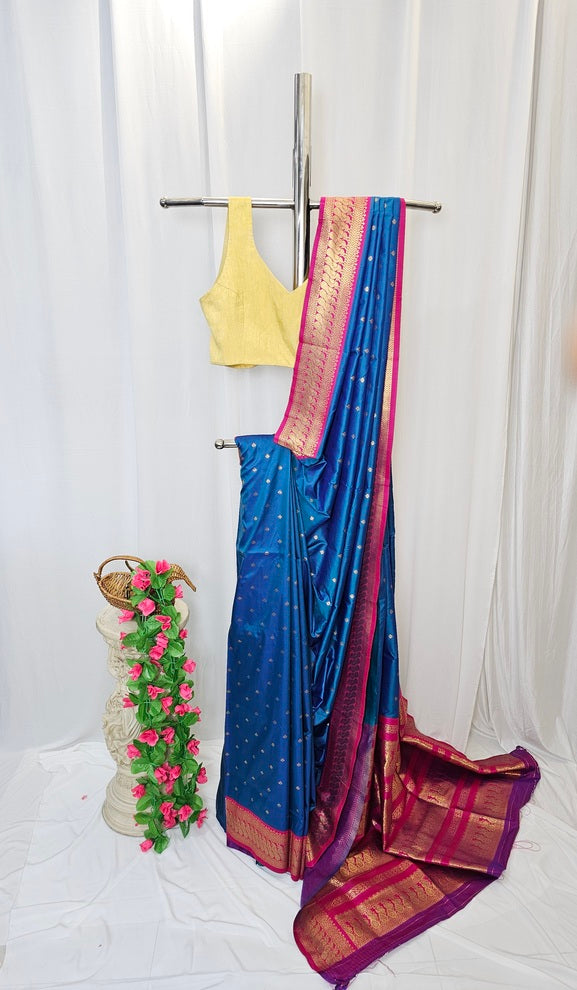Blue Soft-Silk Gadwal Saree with Copper Zari Peacock Border & Rich Pallu  Wedding & Festive Wear