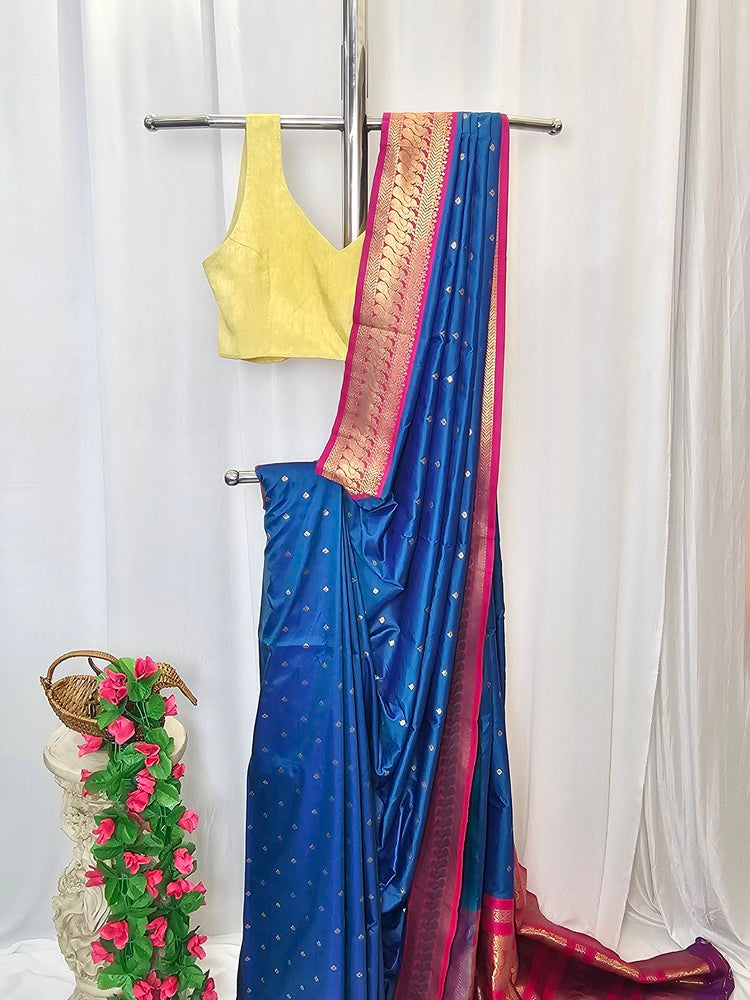 Blue Soft-Silk Gadwal Saree with Copper Zari Peacock Border & Rich Pallu  Wedding & Festive Wear