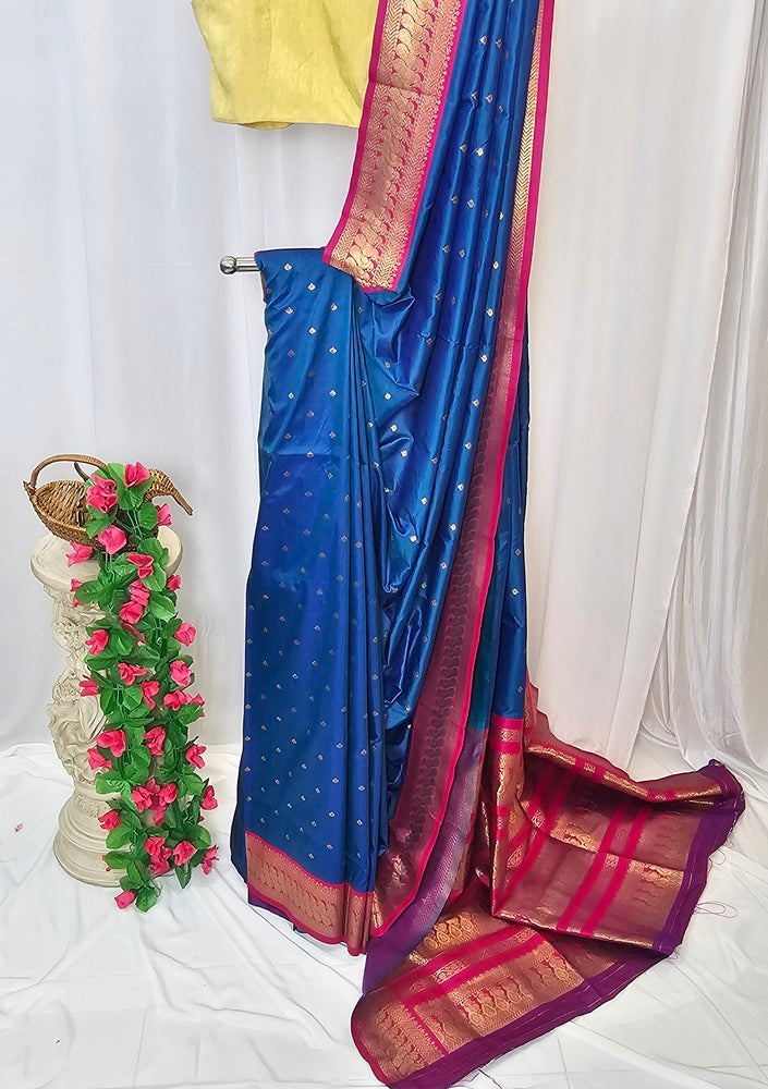 Blue Soft-Silk Gadwal Saree with Copper Zari Peacock Border & Rich Pallu  Wedding & Festive Wear