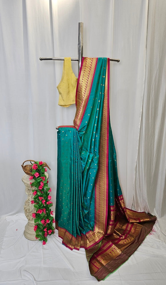 Sea Green Soft-Silk Gadwal Saree with Copper Zari Peacock Border & Rich Pallu  Wedding & Festive Wear