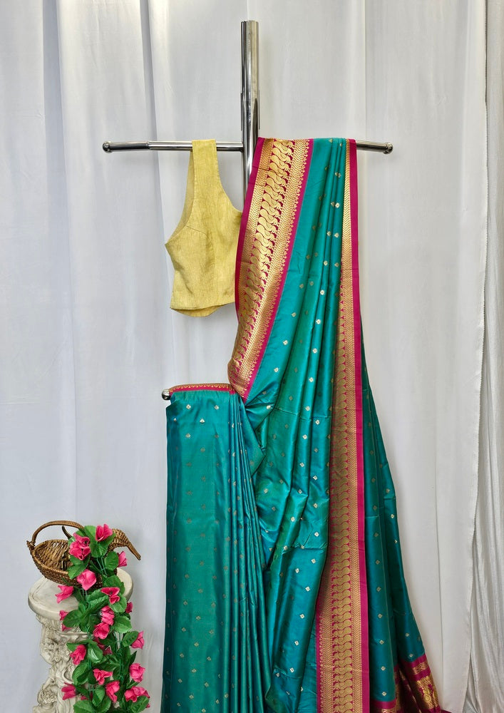 Sea Green Soft-Silk Gadwal Saree with Copper Zari Peacock Border & Rich Pallu  Wedding & Festive Wear