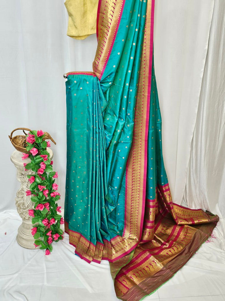 Sea Green Soft-Silk Gadwal Saree with Copper Zari Peacock Border & Rich Pallu  Wedding & Festive Wear
