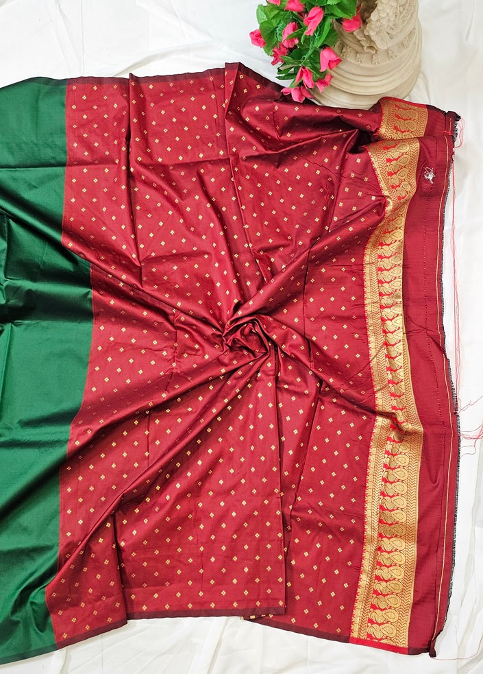 Green Soft-Silk Gadwal Saree with Copper Zari Peacock Border & Rich Pallu – Wedding & Festive Wear