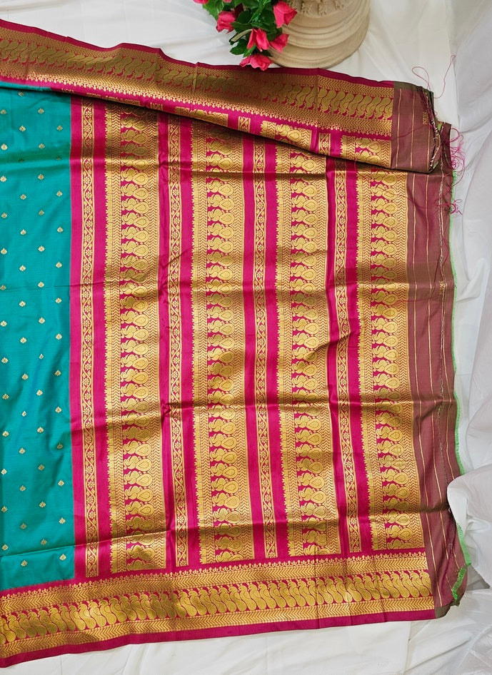 Sea Green Soft-Silk Gadwal Saree with Copper Zari Peacock Border & Rich Pallu  Wedding & Festive Wear