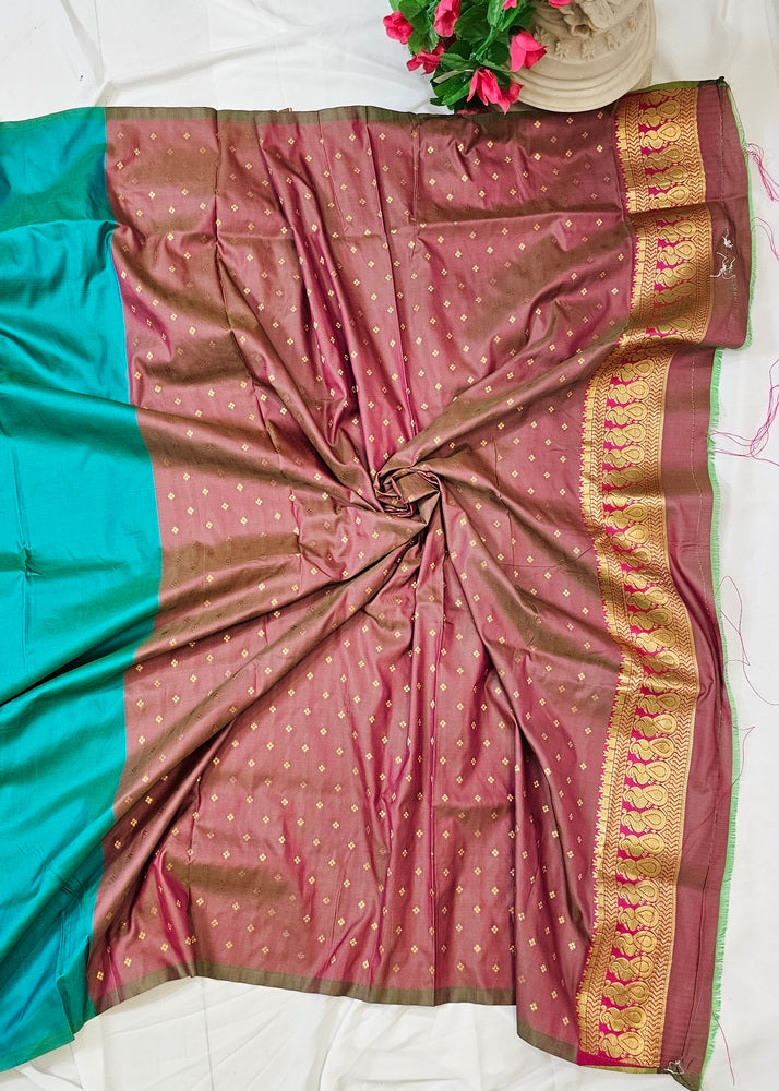 Sea Green Soft-Silk Gadwal Saree with Copper Zari Peacock Border & Rich Pallu  Wedding & Festive Wear