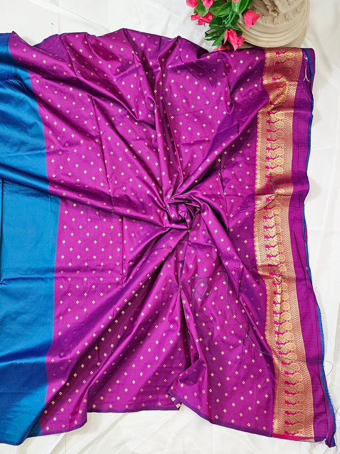 Blue Soft-Silk Gadwal Saree with Copper Zari Peacock Border & Rich Pallu  Wedding & Festive Wear