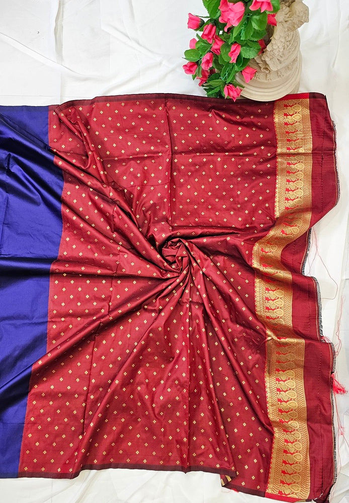 Navy Blue Soft-Silk Gadwal Saree with Copper Zari Peacock Border & Rich Pallu  Wedding & Festive Wear