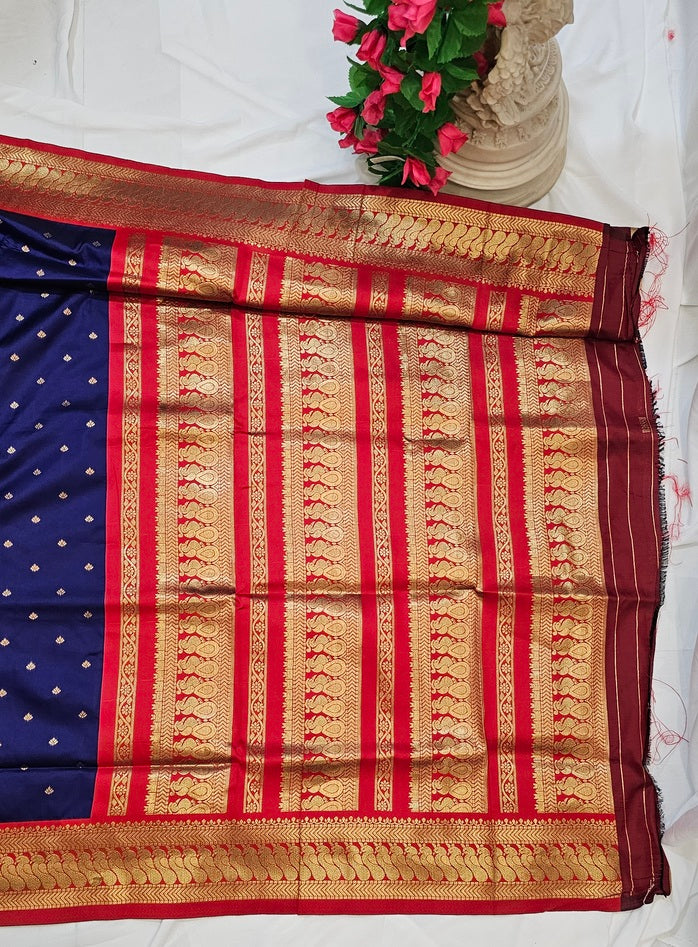 Navy Blue Soft-Silk Gadwal Saree with Copper Zari Peacock Border & Rich Pallu  Wedding & Festive Wear