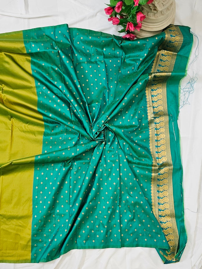 Parrot Green Gadhwal Soft Silk Saree with Gold Zari Peacock Border & Rich Pallu