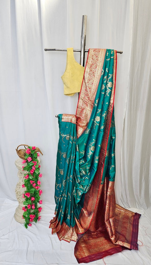 Sea Green Soft Silk Banarasi Saree with Gold Zari Floral Border & Heavy Brocade Pallu – Wedding & Festive Wear