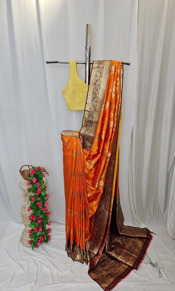 Orange Soft-Silk Banarasi Saree with Gold Zari Floral & Peacock Border and Heavy Brocade Pallu – Wedding & Festive Wear