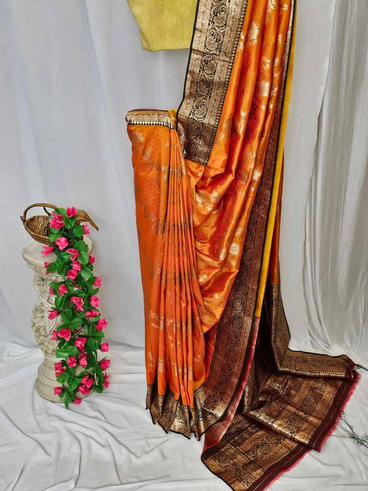 Orange Soft-Silk Banarasi Saree with Gold Zari Floral & Peacock Border and Heavy Brocade Pallu – Wedding & Festive Wear
