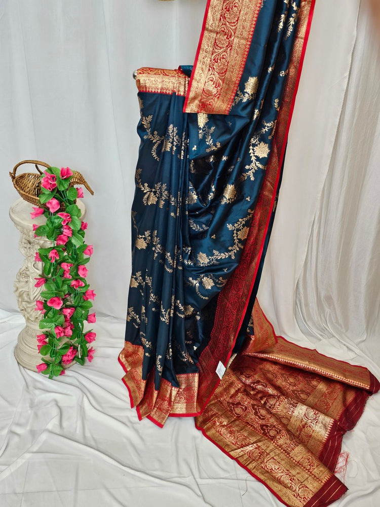 Peacock Blue Soft-Silk Banarasi Saree with Copper Zari Peacock & Floral Border and Heavy Brocade Pallu – Wedding & Festive Wear