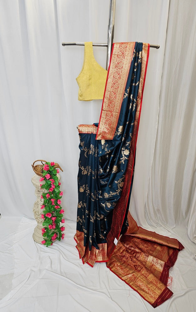 Peacock Blue Soft-Silk Banarasi Saree with Copper Zari Peacock & Floral Border and Heavy Brocade Pallu – Wedding & Festive Wear