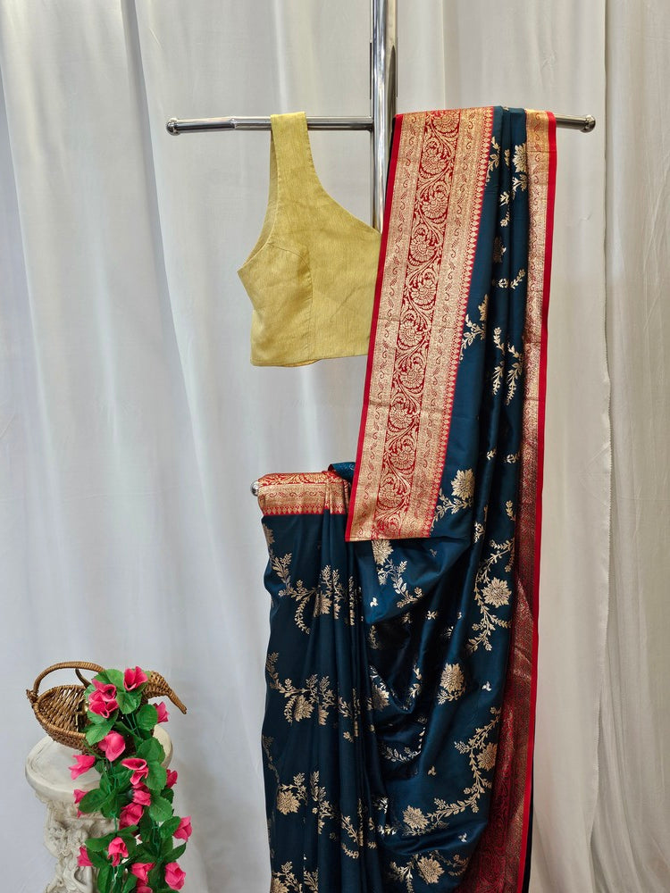 Peacock Blue Soft-Silk Banarasi Saree with Copper Zari Peacock & Floral Border and Heavy Brocade Pallu – Wedding & Festive Wear