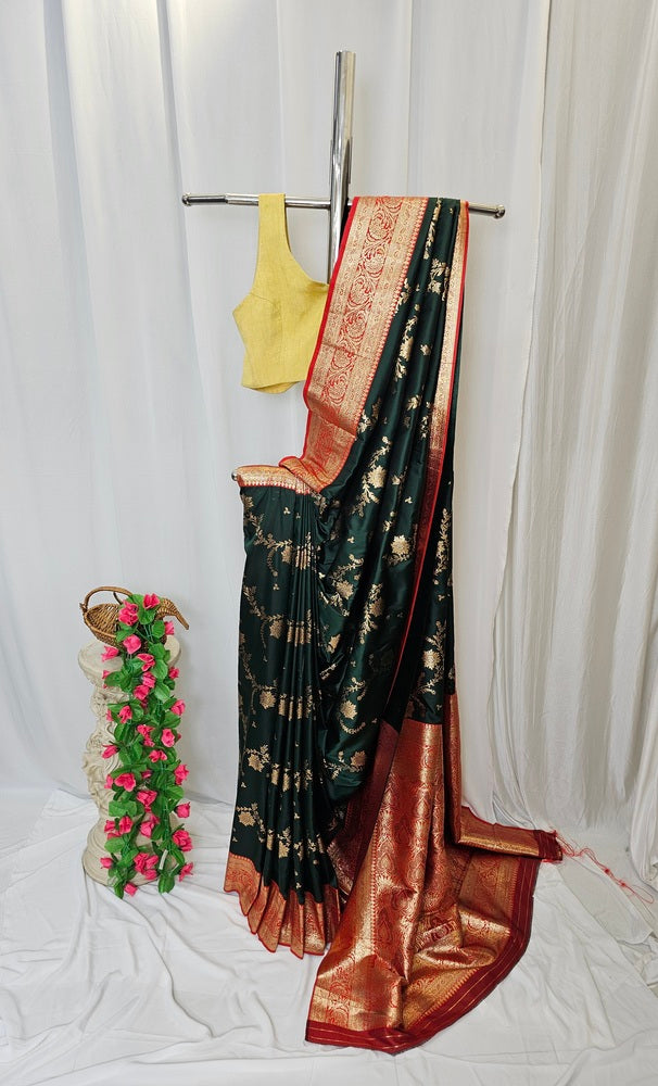 Bottle Green Soft-Silk Banarasi Saree with Gold Zari Peacock & Floral Border and Heavy Brocade Pallu  Wedding & Festive Wear
