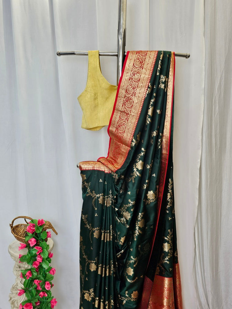 Bottle Green Soft-Silk Banarasi Saree with Gold Zari Peacock & Floral Border and Heavy Brocade Pallu  Wedding & Festive Wear