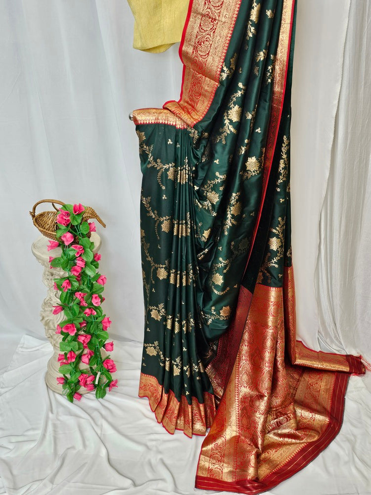 Bottle Green Soft-Silk Banarasi Saree with Gold Zari Peacock & Floral Border and Heavy Brocade Pallu  Wedding & Festive Wear