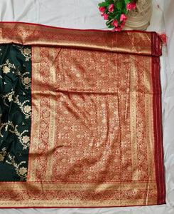 Bottle Green Soft-Silk Banarasi Saree with Gold Zari Peacock & Floral Border and Heavy Brocade Pallu  Wedding & Festive Wear