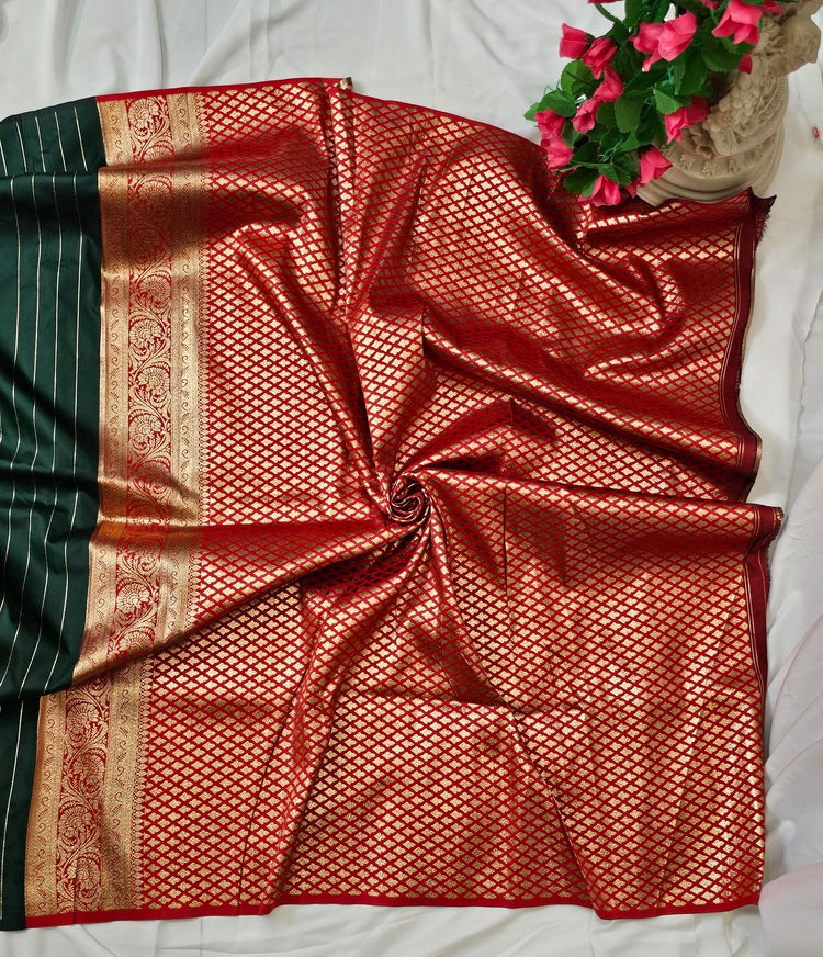 Bottle Green Soft-Silk Banarasi Saree with Gold Zari Peacock & Floral Border and Heavy Brocade Pallu  Wedding & Festive Wear