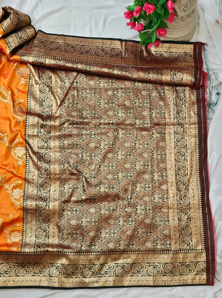 Orange Soft-Silk Banarasi Saree with Gold Zari Floral & Peacock Border and Heavy Brocade Pallu – Wedding & Festive Wear