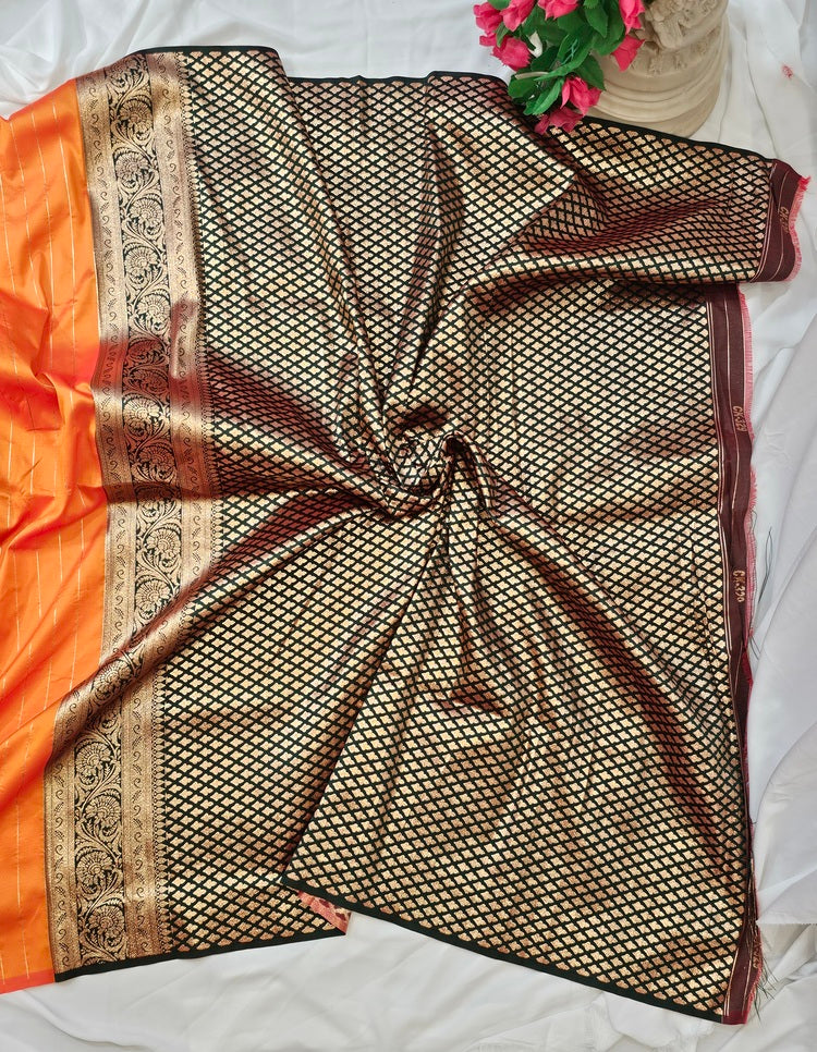 Orange Soft-Silk Banarasi Saree with Gold Zari Floral & Peacock Border and Heavy Brocade Pallu – Wedding & Festive Wear