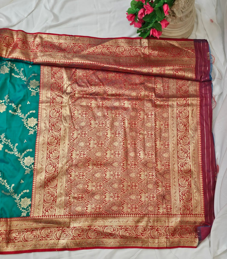 Sea Green Soft Silk Banarasi Saree with Gold Zari Floral Border & Heavy Brocade Pallu – Wedding & Festive Wear