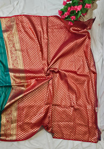 Sea Green Soft Silk Banarasi Saree with Gold Zari Floral Border & Heavy Brocade Pallu – Wedding & Festive Wear