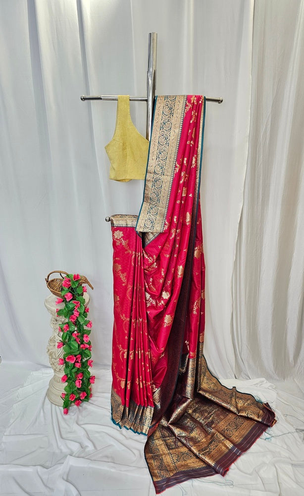 Carrot Pink Soft-Silk Banarasi Saree with Gold Zari Peacock & Floral Border and Heavy Brocade Pallu  Wedding & Festive Wear
