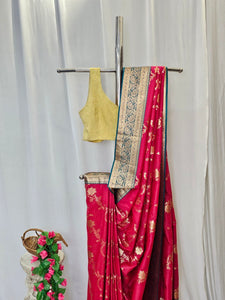 Carrot Pink Soft-Silk Banarasi Saree with Gold Zari Peacock & Floral Border and Heavy Brocade Pallu  Wedding & Festive Wear
