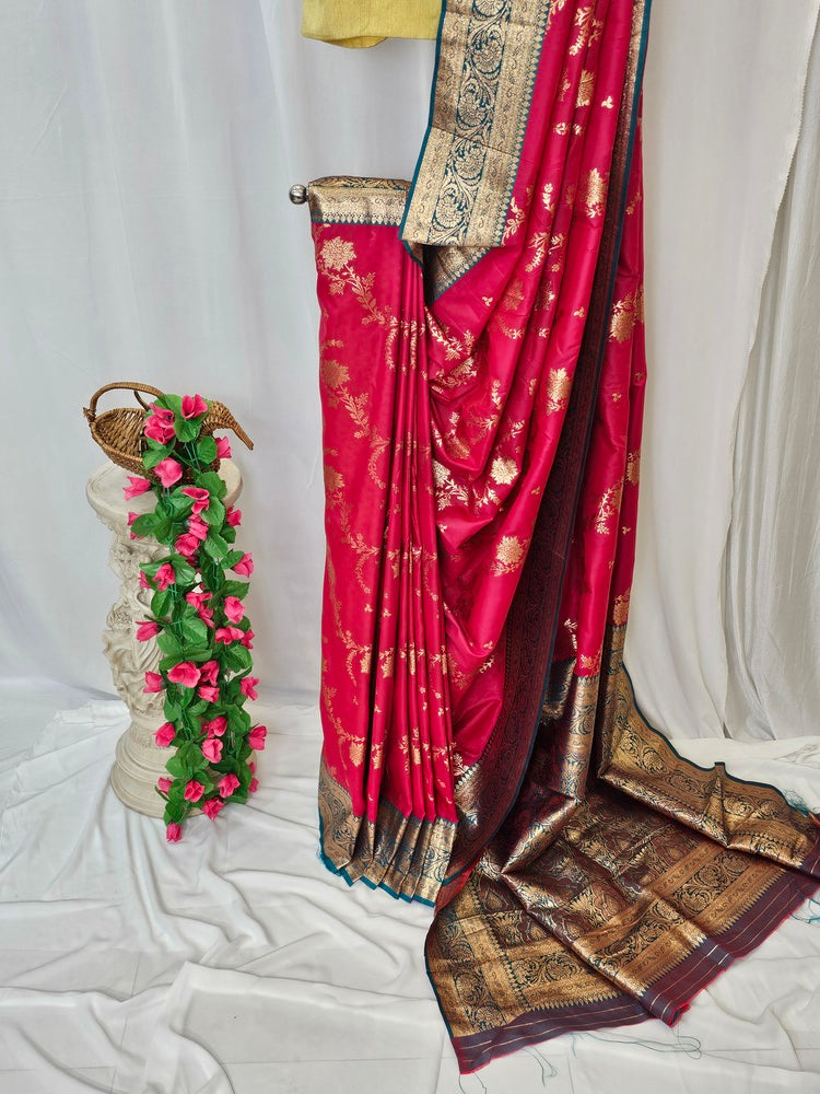 Carrot Pink Soft-Silk Banarasi Saree with Gold Zari Peacock & Floral Border and Heavy Brocade Pallu  Wedding & Festive Wear