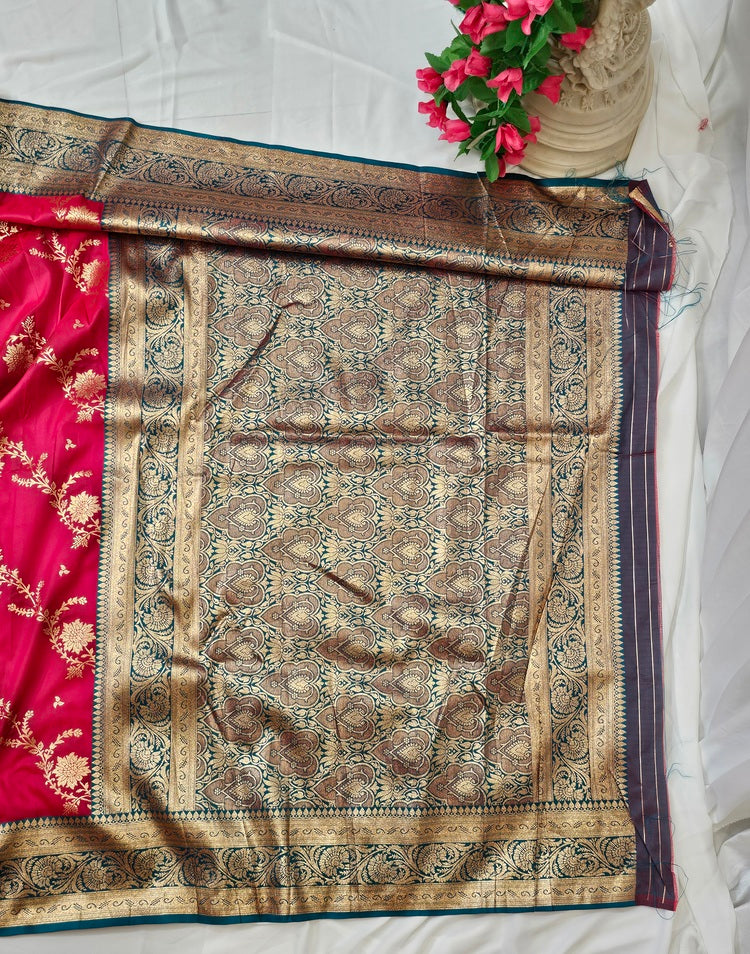 Carrot Pink Soft-Silk Banarasi Saree with Gold Zari Peacock & Floral Border and Heavy Brocade Pallu  Wedding & Festive Wear