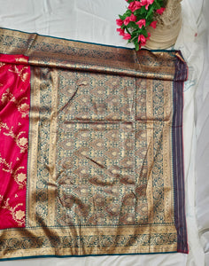Carrot Pink Soft-Silk Banarasi Saree with Gold Zari Peacock & Floral Border and Heavy Brocade Pallu  Wedding & Festive Wear