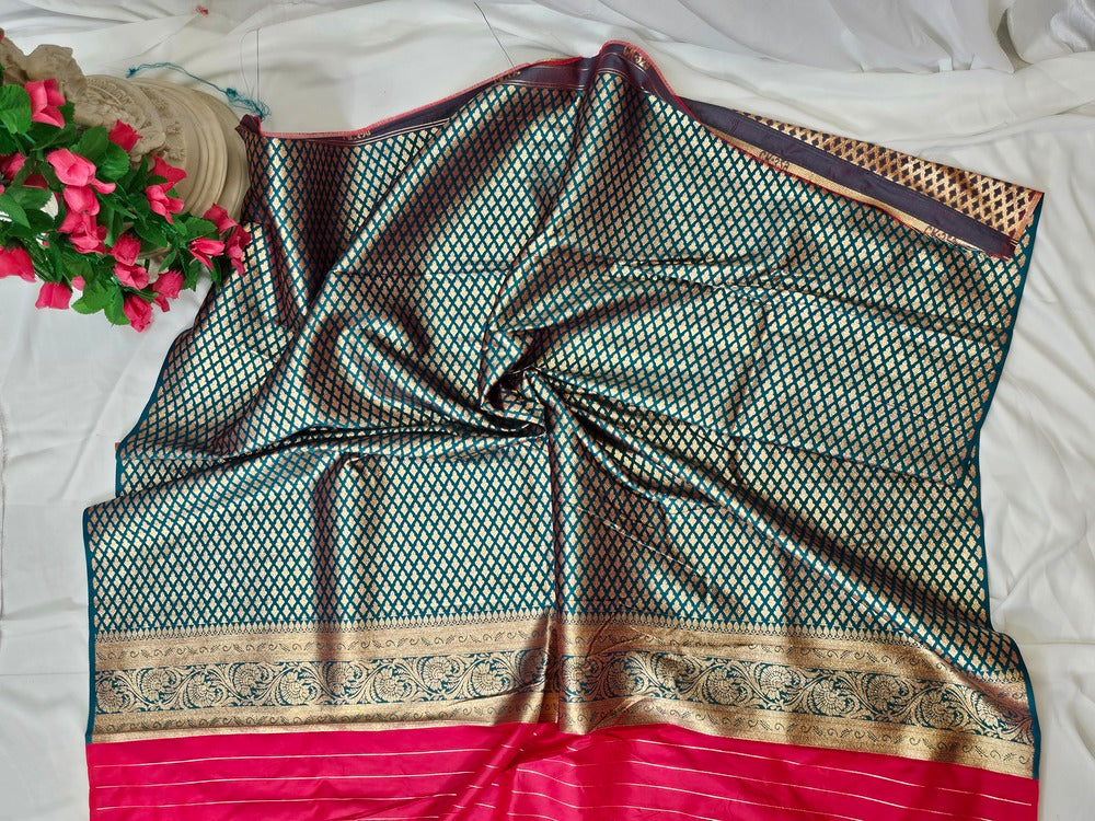 Carrot Pink Soft-Silk Banarasi Saree with Gold Zari Peacock & Floral Border and Heavy Brocade Pallu  Wedding & Festive Wear