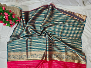 Carrot Pink Soft-Silk Banarasi Saree with Gold Zari Peacock & Floral Border and Heavy Brocade Pallu  Wedding & Festive Wear