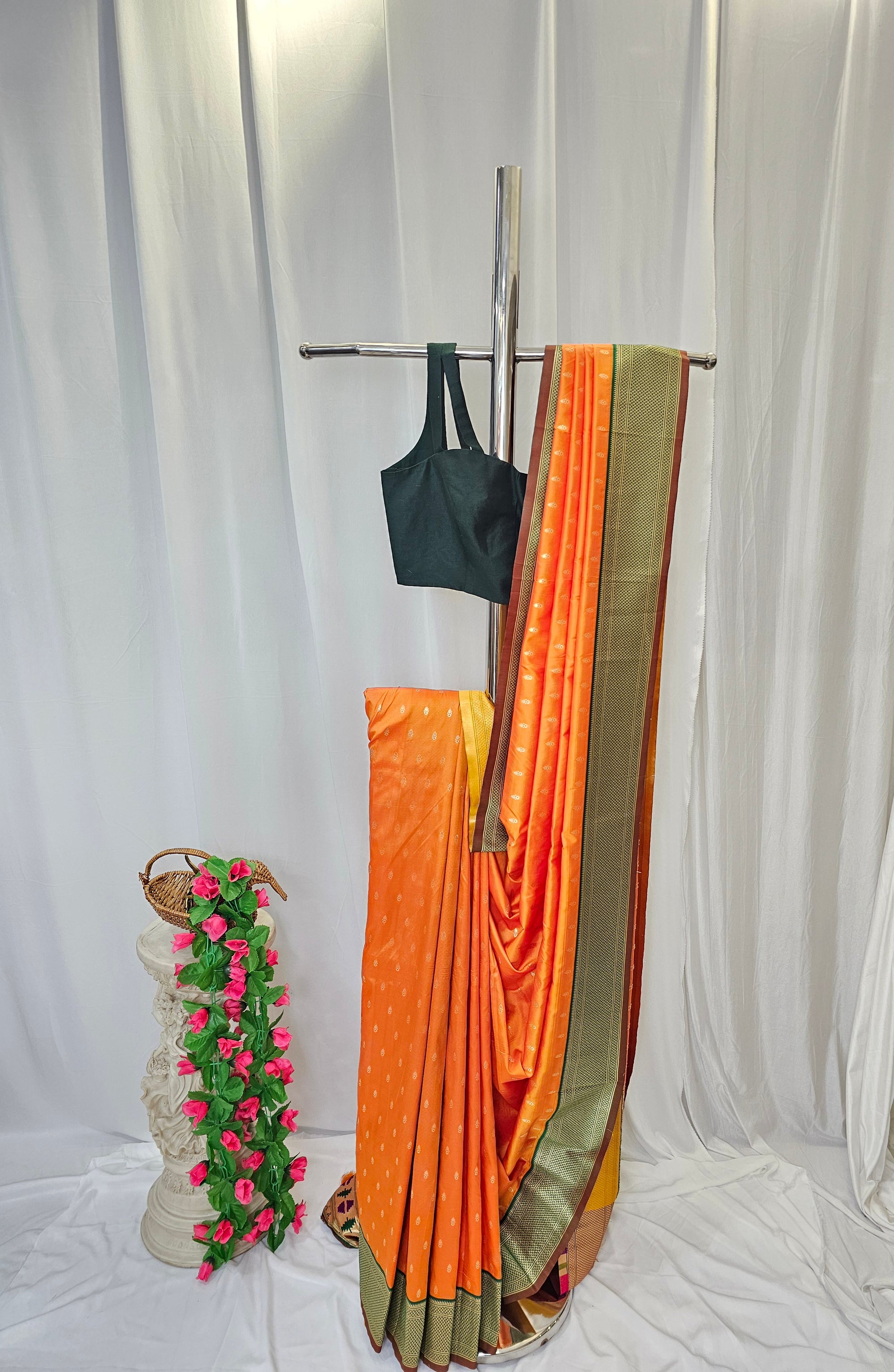 Orange Soft-Silk Paithani Saree with Gold Zari Narali Border & Paithani Pallu – Wedding & Festive Wear