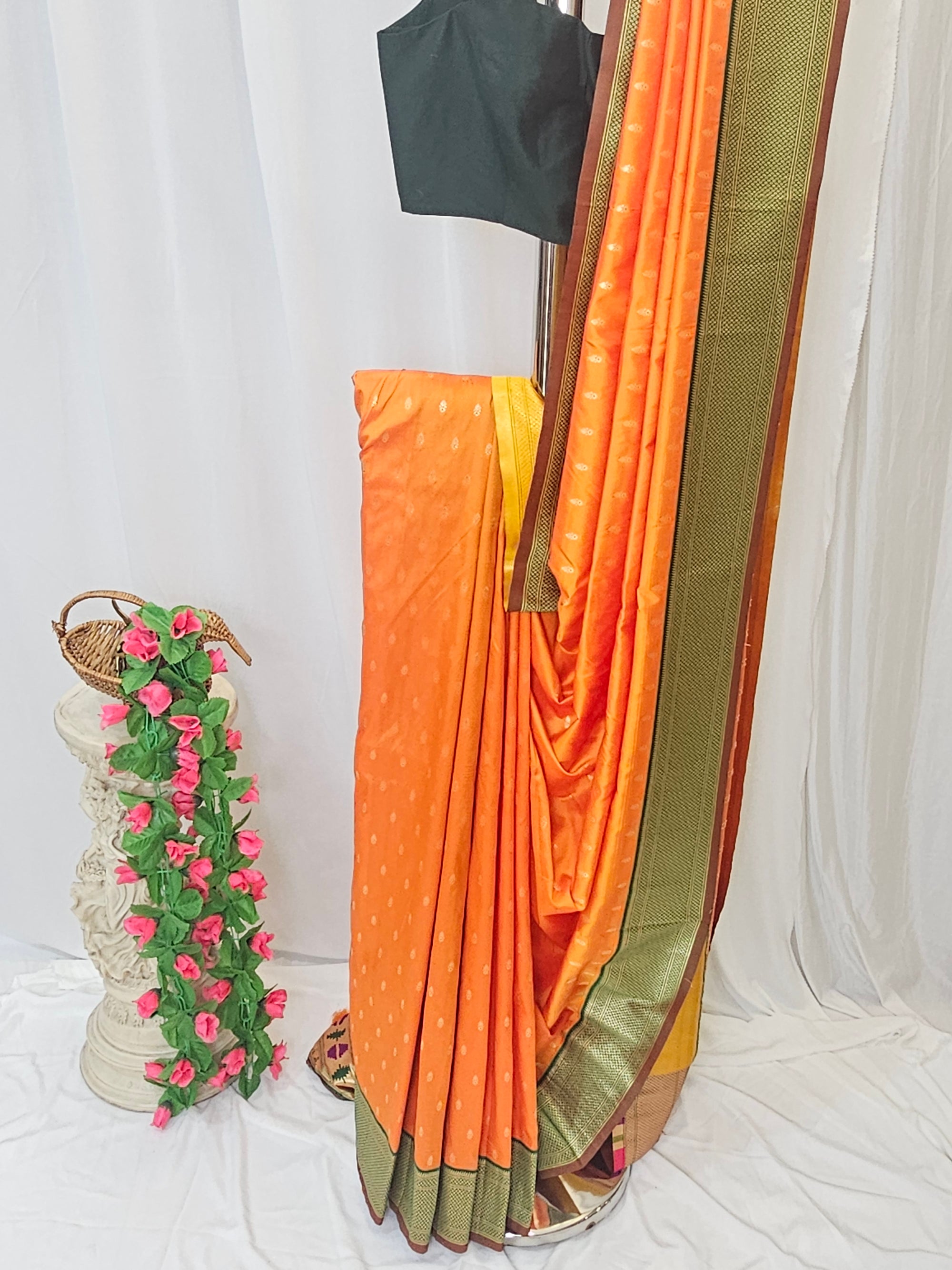 Orange Soft-Silk Paithani Saree with Gold Zari Narali Border & Paithani Pallu – Wedding & Festive Wear