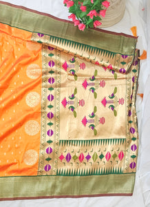 Orange Soft-Silk Paithani Saree with Gold Zari Narali Border & Paithani Pallu – Wedding & Festive Wear