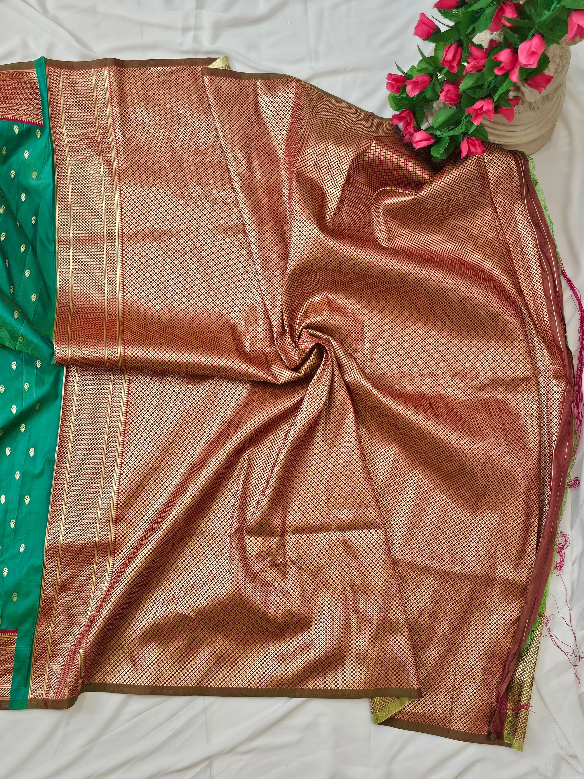 Rama Green Soft-Silk Paithani Saree with Gold Zari Narli Border & Paithani Pallu – Wedding & Festive Wear