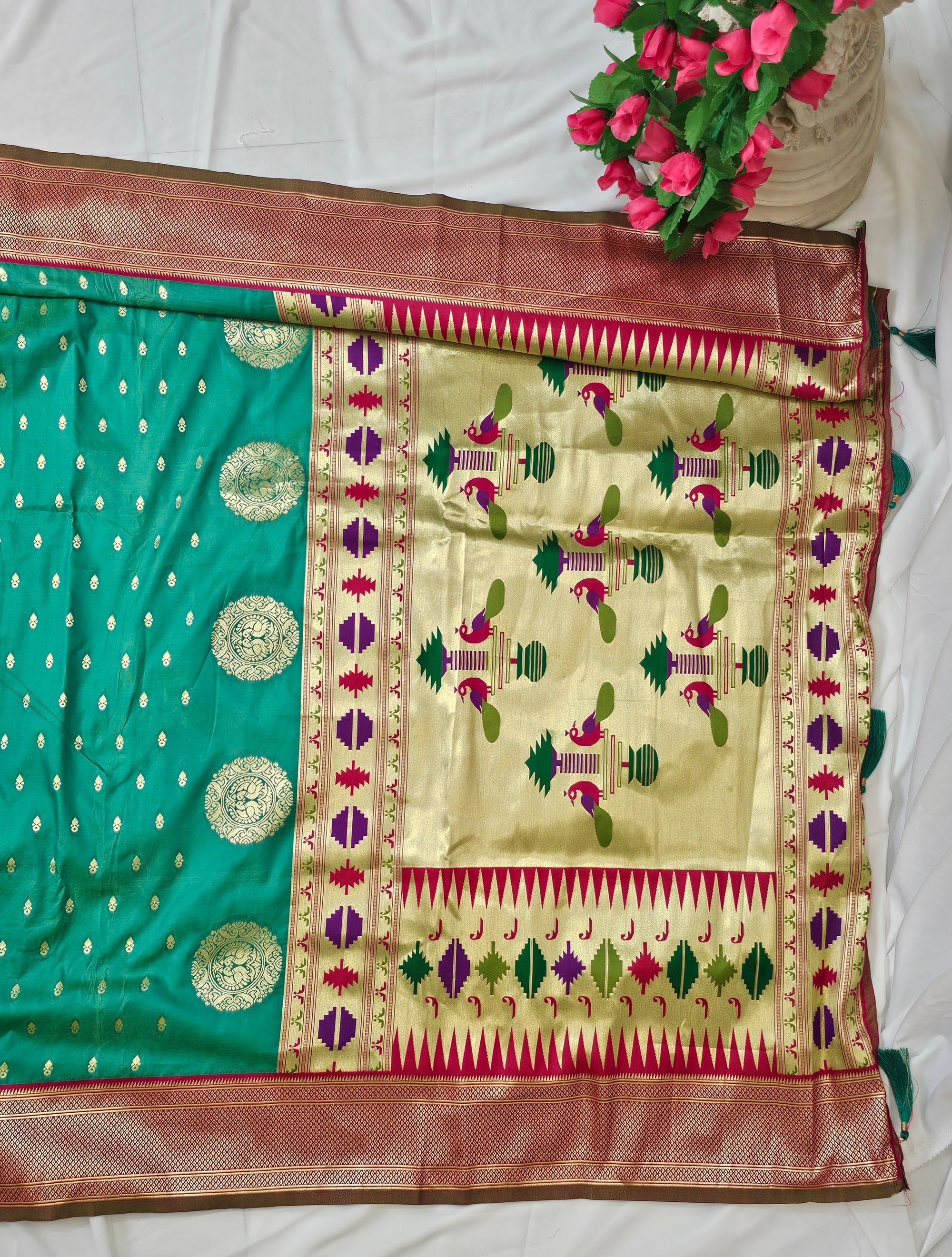 Rama Green Soft-Silk Paithani Saree with Gold Zari Narli Border & Paithani Pallu – Wedding & Festive Wear