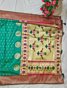 Rama Green Soft-Silk Paithani Saree with Gold Zari Narli Border & Paithani Pallu – Wedding & Festive Wear