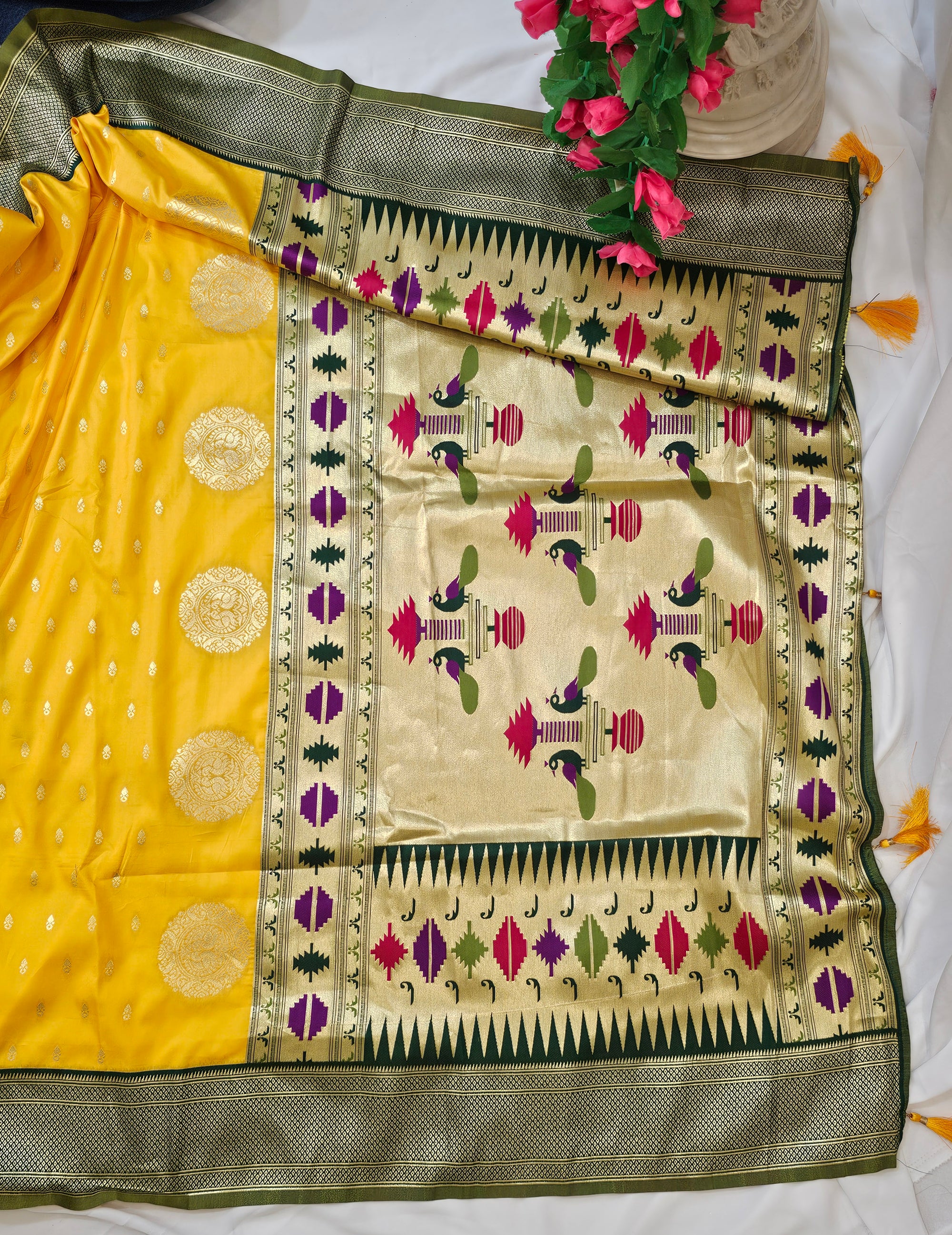 Yellow Soft-Silk Paithani Saree with Gold Zari Narli Border & Classic Paithani Pallu – Wedding & Festive Wear