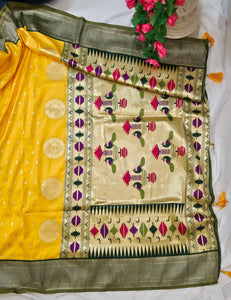 Yellow Soft-Silk Paithani Saree with Gold Zari Narli Border & Classic Paithani Pallu – Wedding & Festive Wear