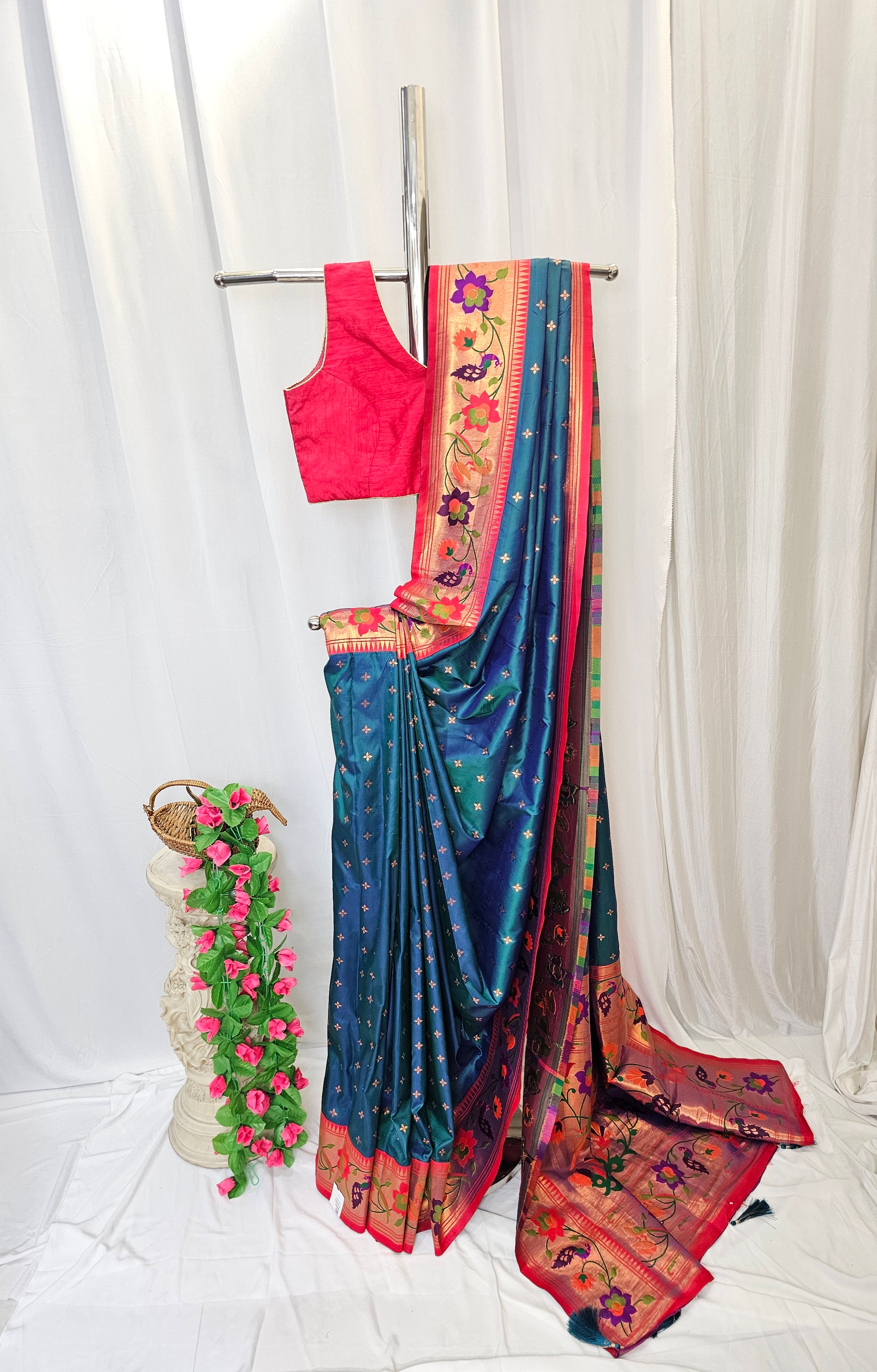 Rama Blue Soft-Silk Paithani Saree with Copper Zari Rose & Peacock Border – Wedding & Festive Wear