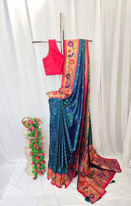 Rama Blue Soft-Silk Paithani Saree with Copper Zari Rose & Peacock Border – Wedding & Festive Wear