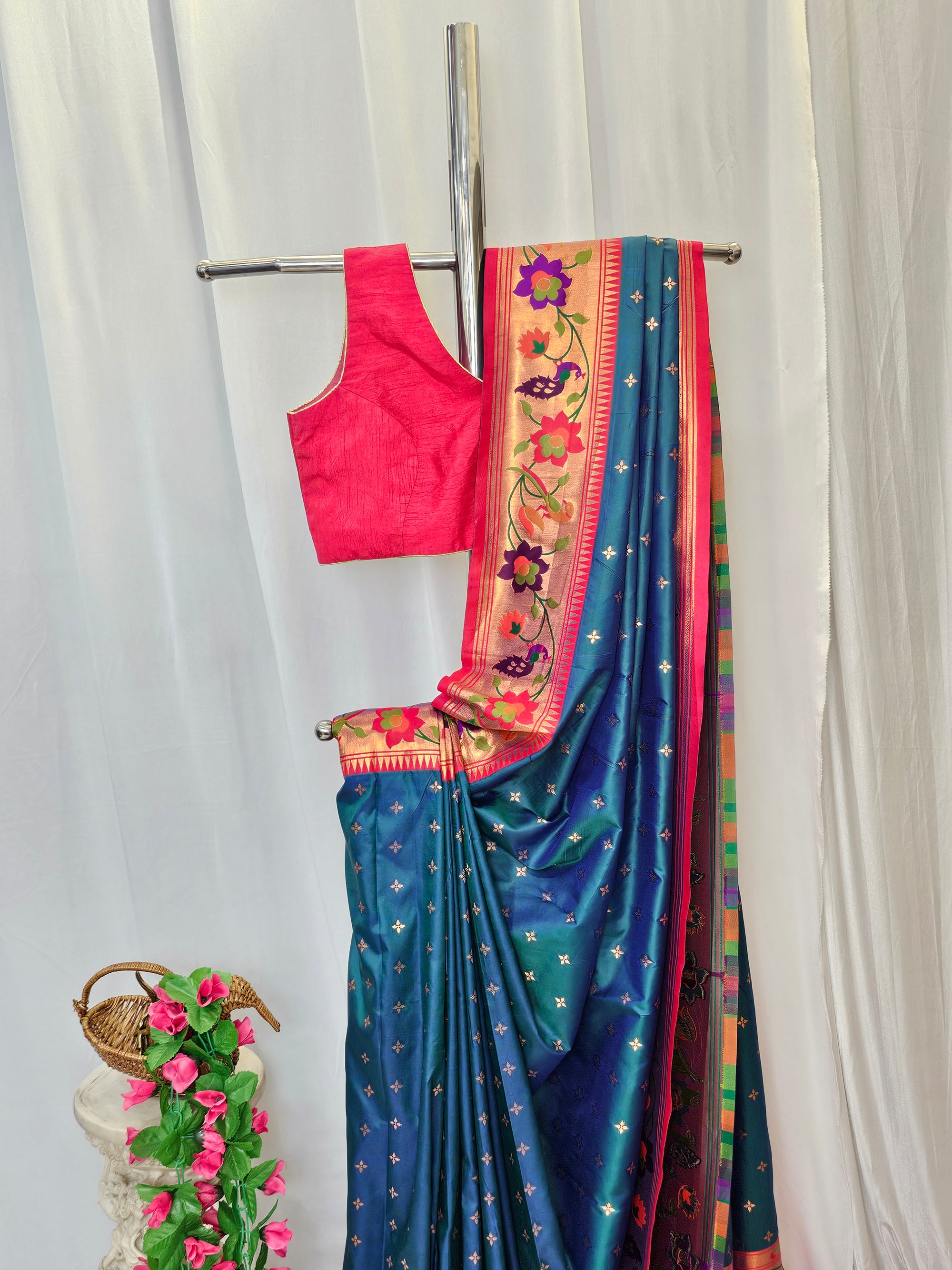 Rama Blue Soft-Silk Paithani Saree with Copper Zari Rose & Peacock Border – Wedding & Festive Wear